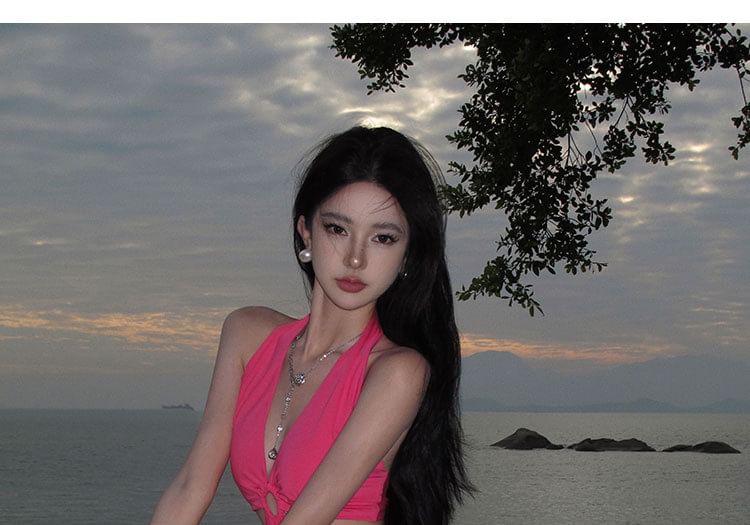 Plain Neck Midi Dress Halter Cutout Bodycon