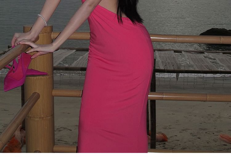 Plain Neck Midi Dress Halter Cutout Bodycon