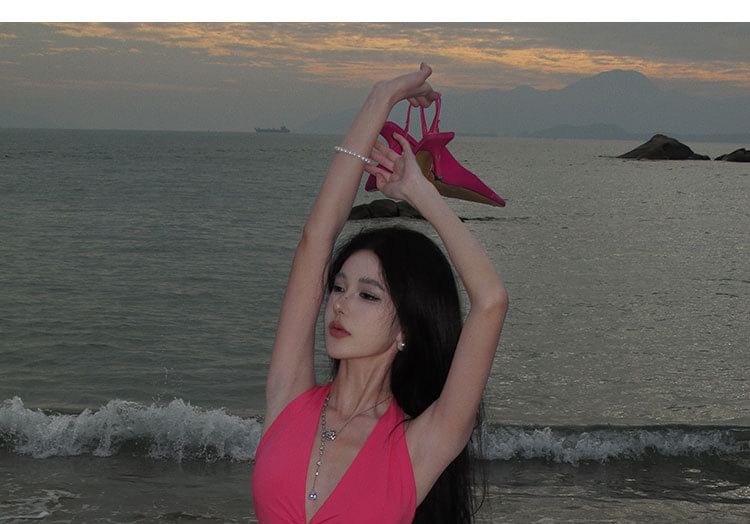 Plain Neck Midi Dress Halter Cutout Bodycon