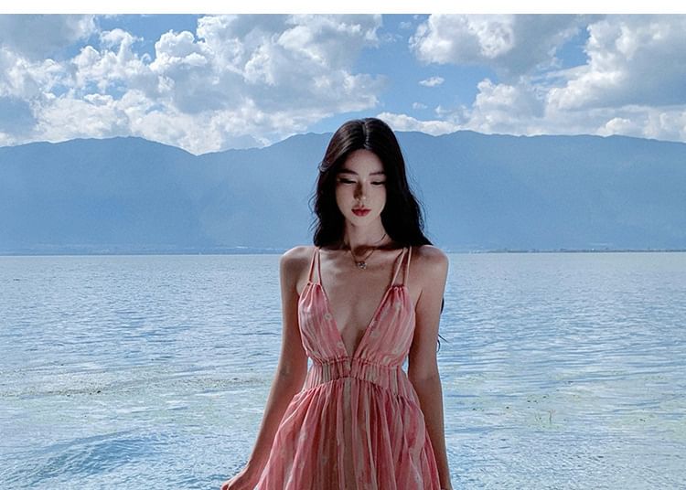 Floral Strap Dress Spaghetti Print Maxi V-Neck A-Line