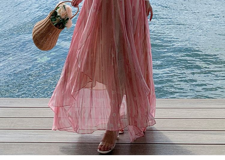 Floral Strap Dress Spaghetti Print Maxi V-Neck A-Line