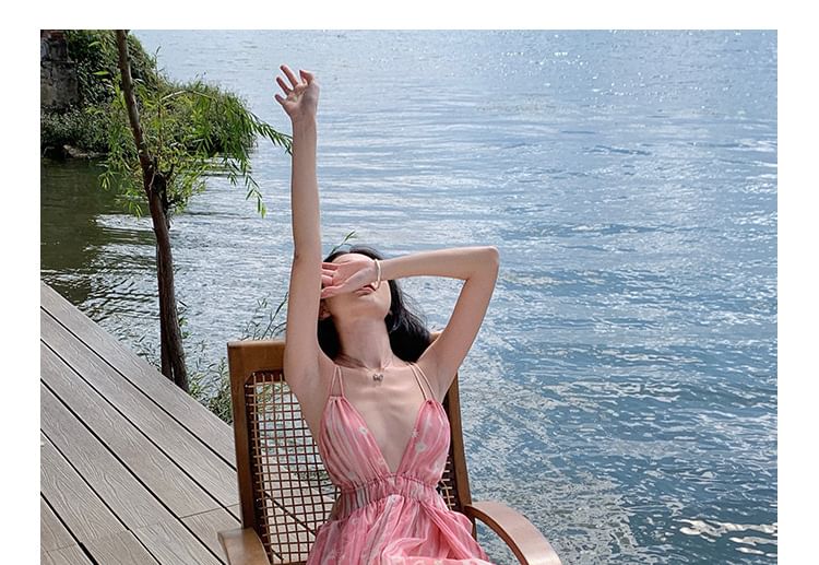 Floral Strap Dress Spaghetti Print Maxi V-Neck A-Line