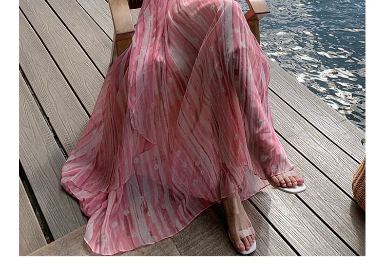 Floral Strap Dress Spaghetti Print Maxi V-Neck A-Line