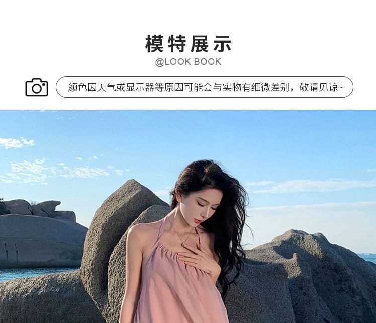 A-Line Neck Open Plain Dress Back Midi Halter