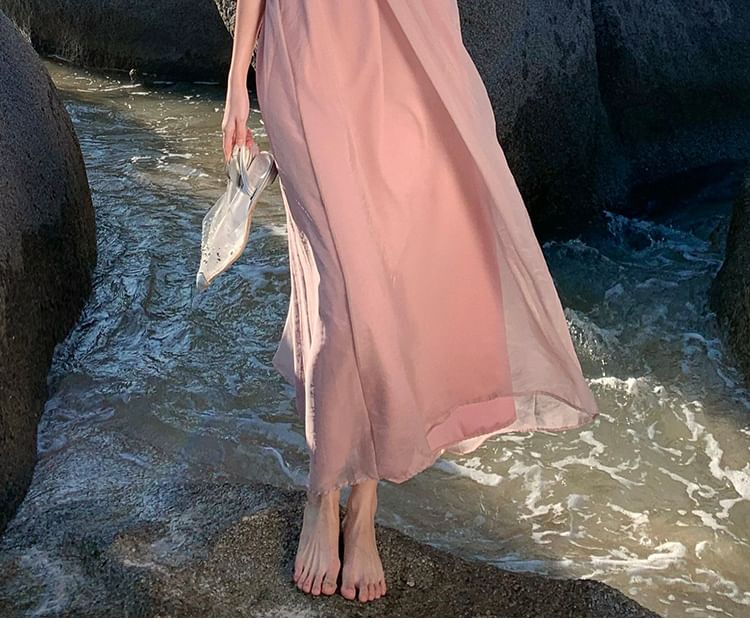 A-Line Neck Open Plain Dress Back Midi Halter