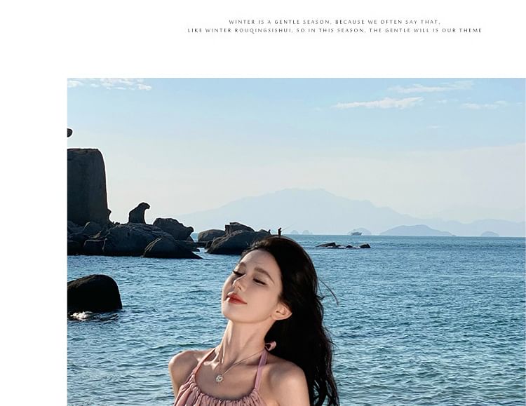 A-Line Neck Open Plain Dress Back Midi Halter