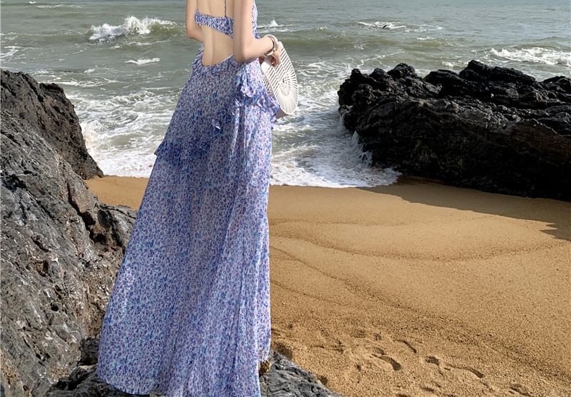 Midi Dress A-Line Strap Floral Spaghetti Print