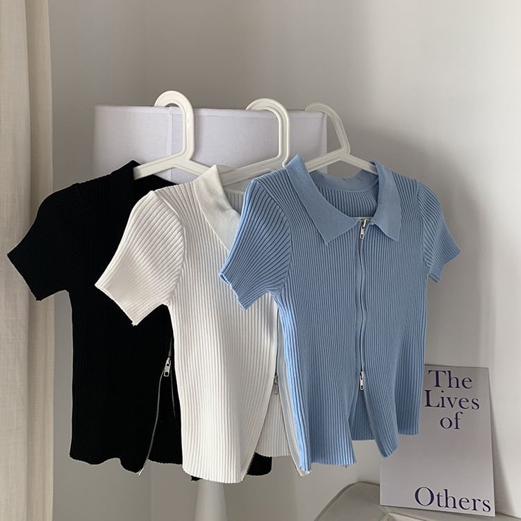Knit Zip Plain Polo Top Short-Sleeve