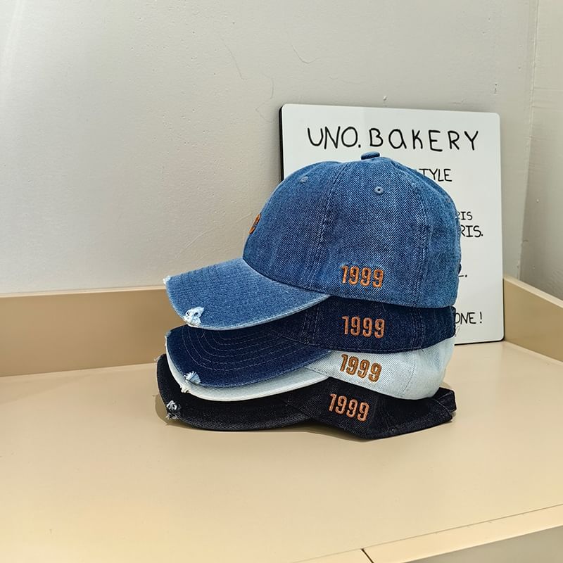 Distressed Denim Cap Baseball Lettering Embroidered