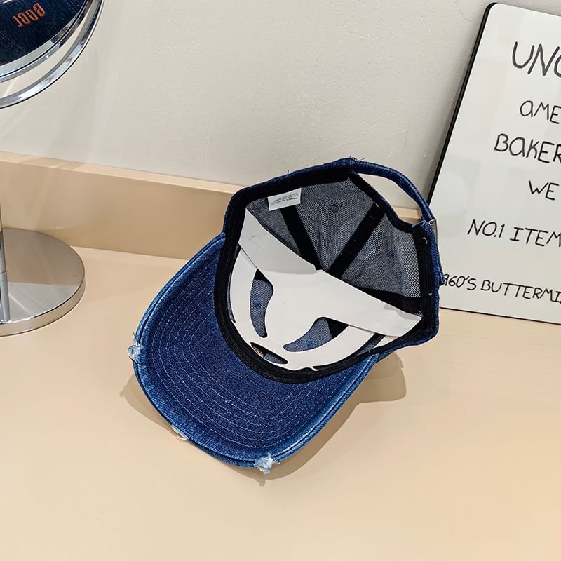 Distressed Denim Cap Baseball Lettering Embroidered