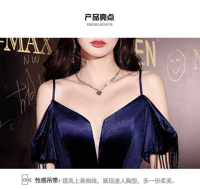 Side-Slit Cold-Shoulder Trumpet Gown Sequin Evening