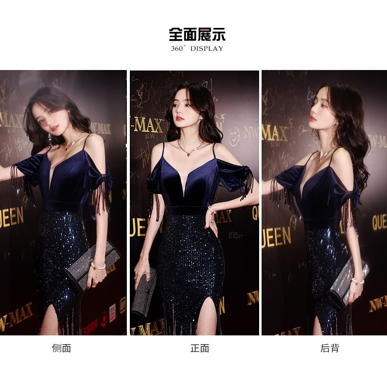 Side-Slit Cold-Shoulder Trumpet Gown Sequin Evening