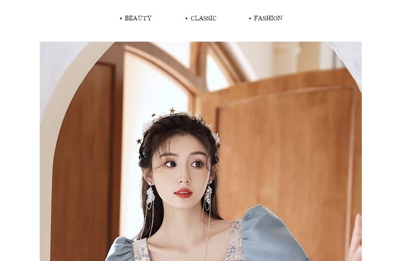 Gown Evening Puff-Sleeve A-Line Floral