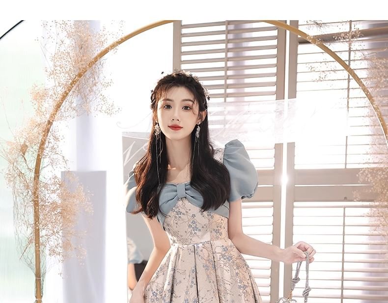 Gown Evening Puff-Sleeve A-Line Floral