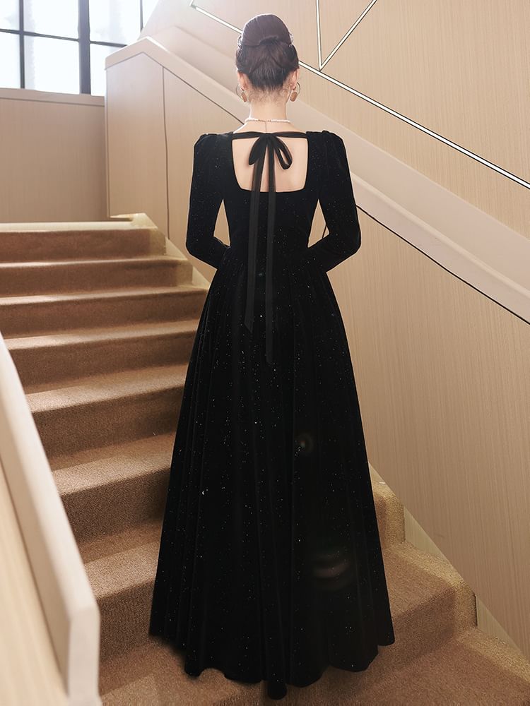 Long-Sleeve Square Neck Sequin A-Line Evening Gown