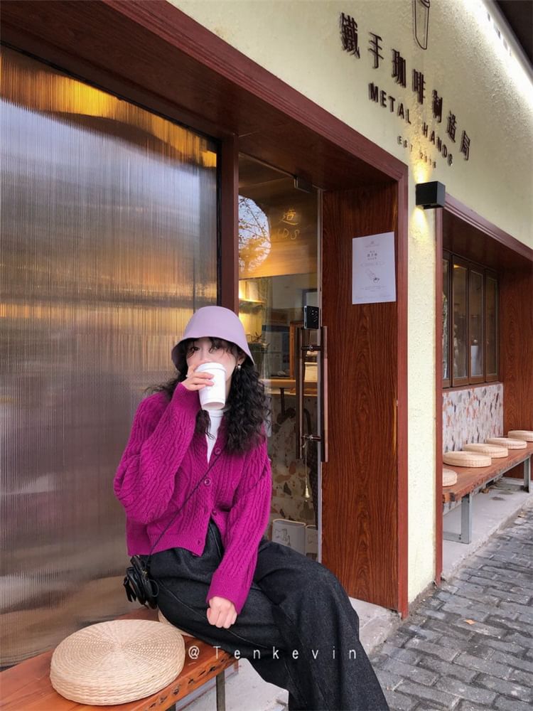 Plain Cardigan Button-Up Cable Knit