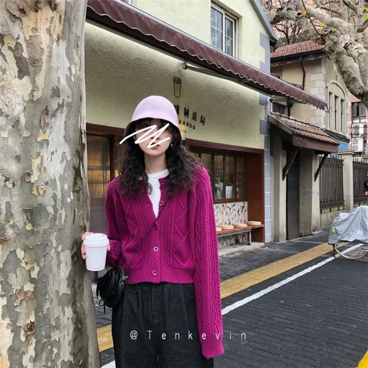 Plain Cardigan Button-Up Cable Knit