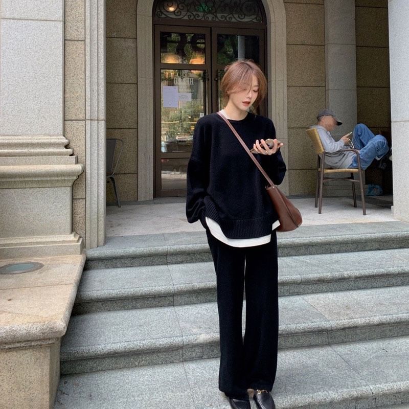 Long-Sleeve Neck T-Shirt Leg Set: + Two-Tone Pants Wide Waist High Crew