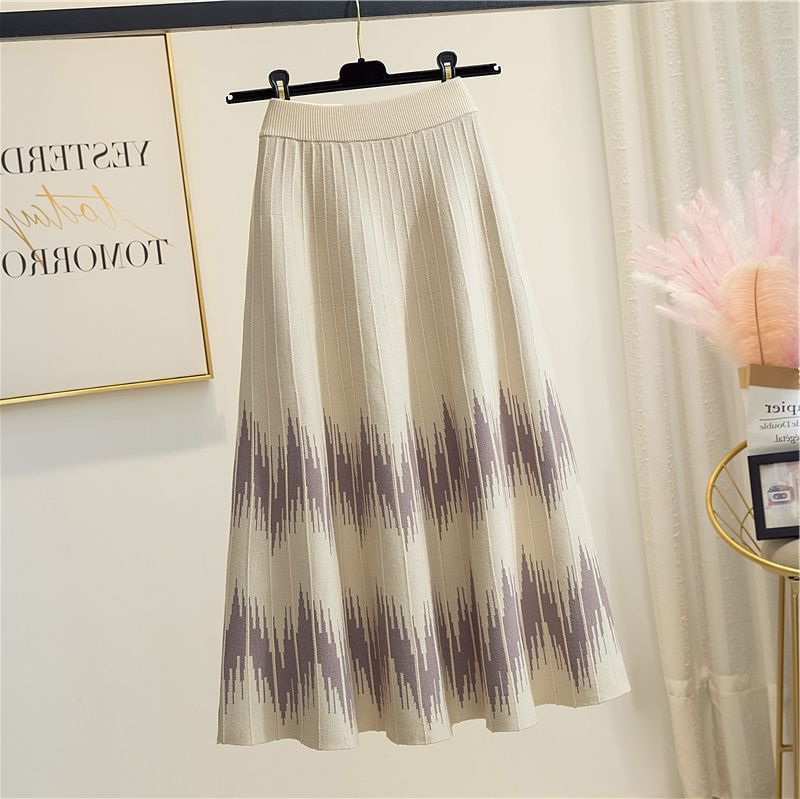 Waist Midi Printed Knit A-Line High Skirt