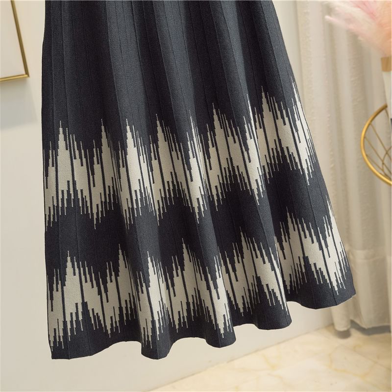 Waist Midi Printed Knit A-Line High Skirt