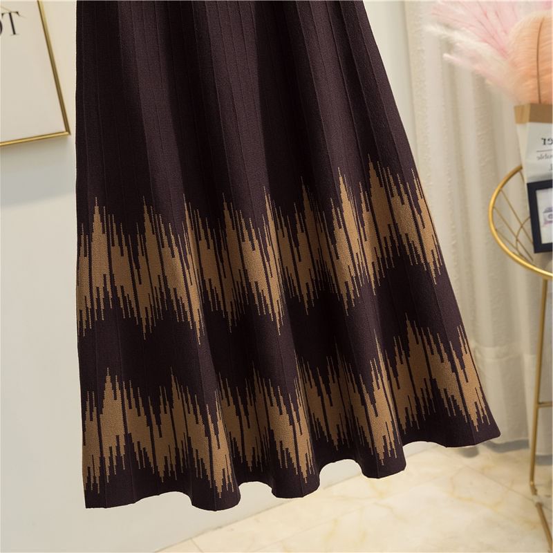 Waist Midi Printed Knit A-Line High Skirt