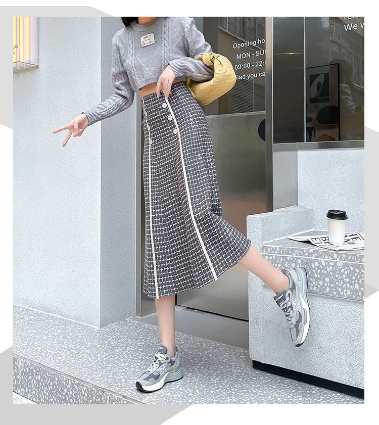 High Midi Knit A-Line Skirt Plaid Waist