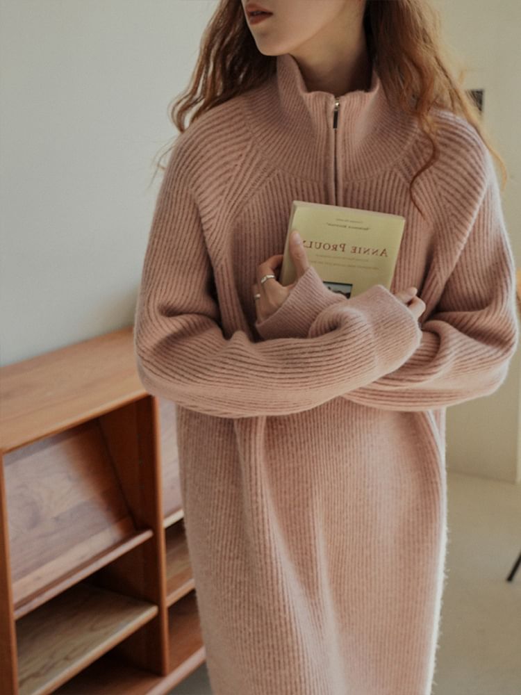 Long-Sleeve Half-Zip Plain Dress Ribbed Midi Sweater