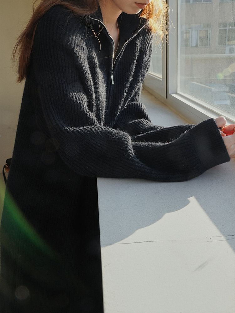 Long-Sleeve Half-Zip Plain Dress Ribbed Midi Sweater