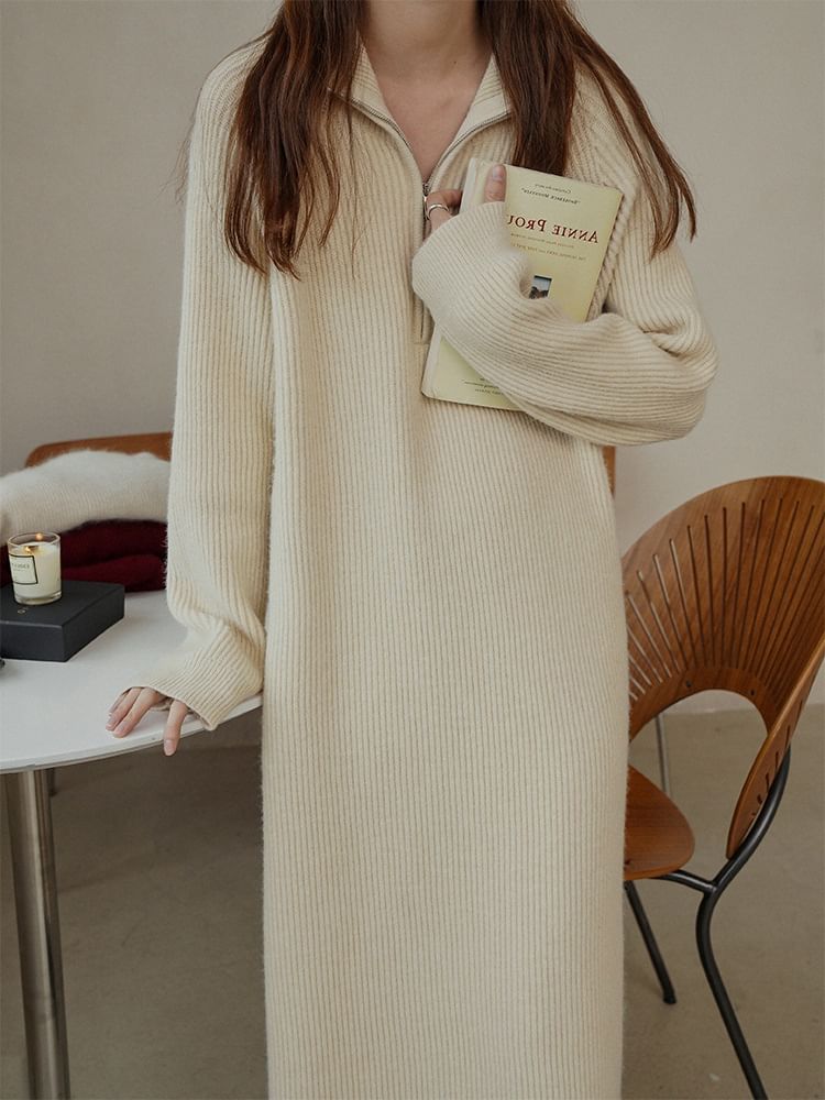 Long-Sleeve Half-Zip Plain Dress Ribbed Midi Sweater