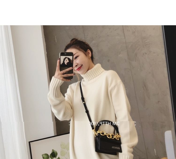 Long-Sleeve Plain Midi Sweater Turtleneck Dress