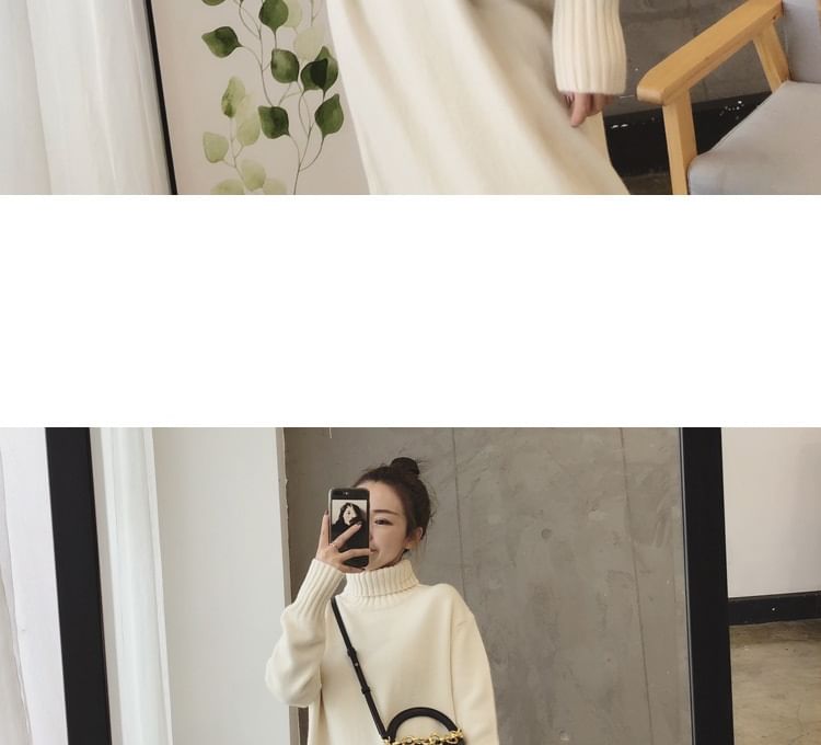 Long-Sleeve Plain Midi Sweater Turtleneck Dress