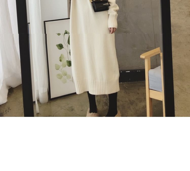 Long-Sleeve Plain Midi Sweater Turtleneck Dress