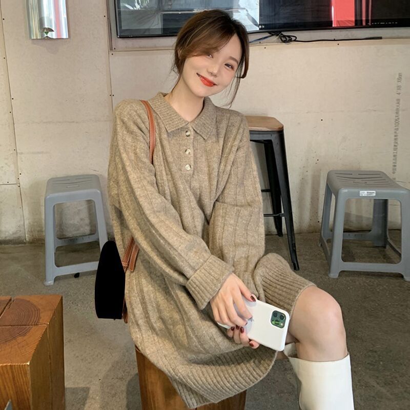 Mini Dress Long-Sleeve Sweater Polo-Neck Plain