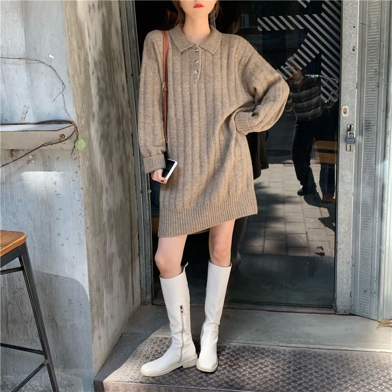 Mini Dress Long-Sleeve Sweater Polo-Neck Plain