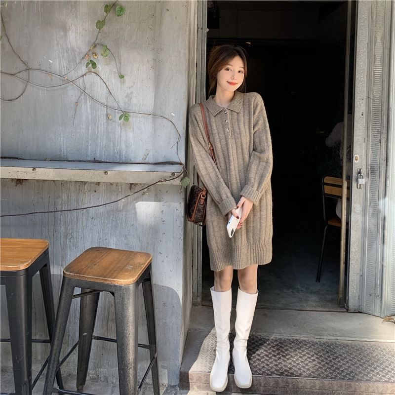 Mini Dress Long-Sleeve Sweater Polo-Neck Plain