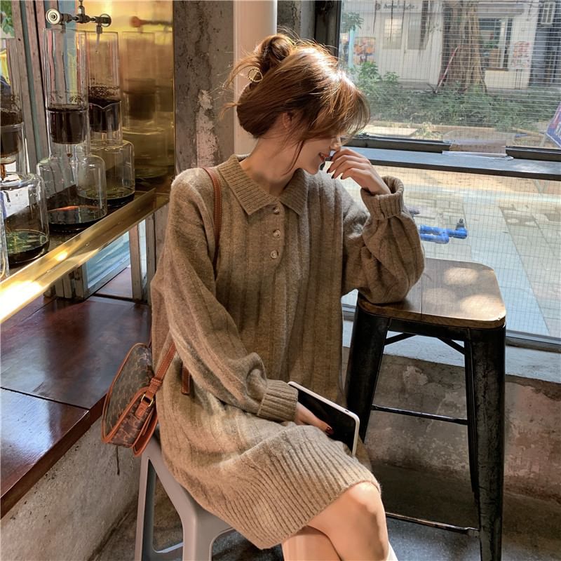 Mini Dress Long-Sleeve Sweater Polo-Neck Plain