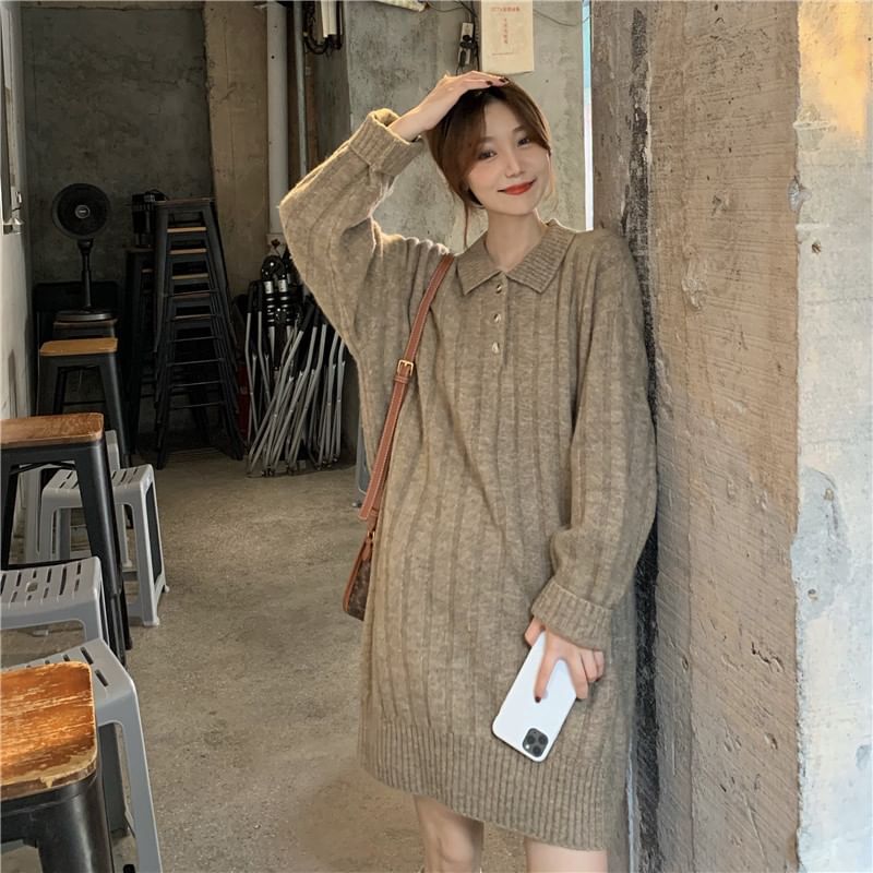 Mini Dress Long-Sleeve Sweater Polo-Neck Plain