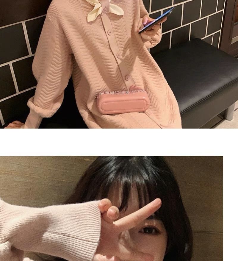 Midi Tie-Neck Plain Dress Knit Puff-Sleeve Button-Up