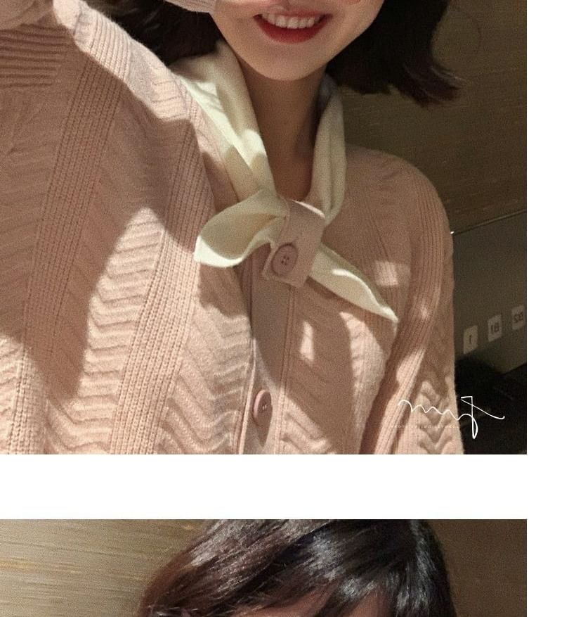 Midi Tie-Neck Plain Dress Knit Puff-Sleeve Button-Up