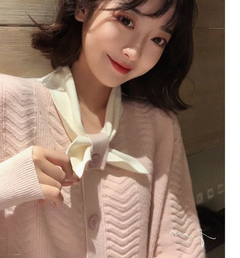 Midi Tie-Neck Plain Dress Knit Puff-Sleeve Button-Up