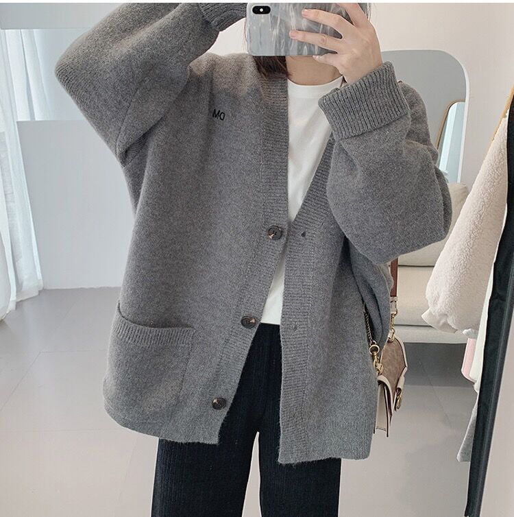 Cardigan Embroidered V-Neck Button-Up Letter