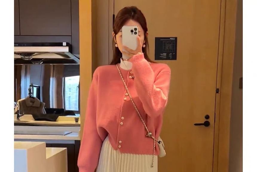 Buttoned Cardigan Faux Plain Pearl