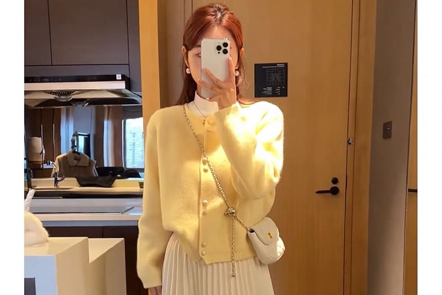 Buttoned Cardigan Faux Plain Pearl