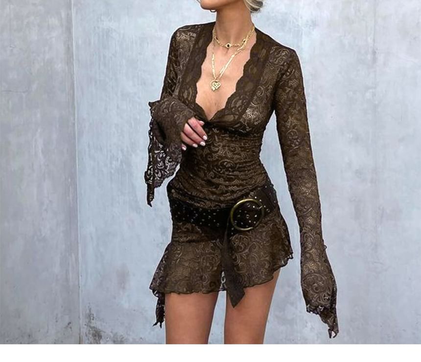 Lace Mini Dress V-Neck Bodycon Long-Sleeve