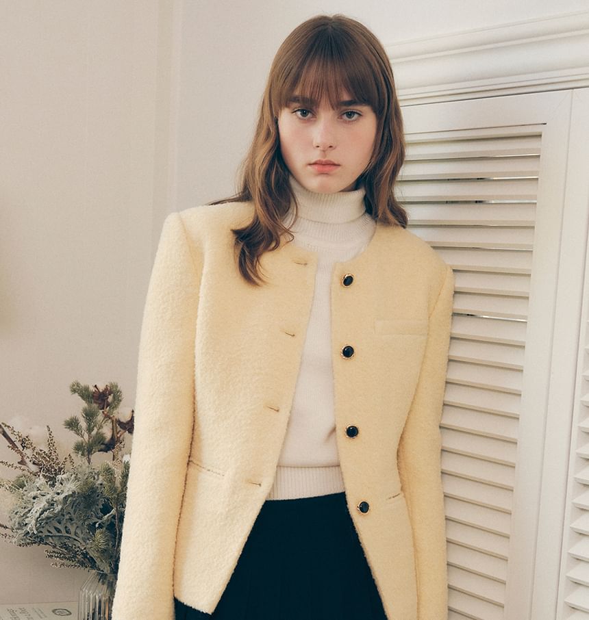 Round-Neck Woolen Button Jacket (Yellow)