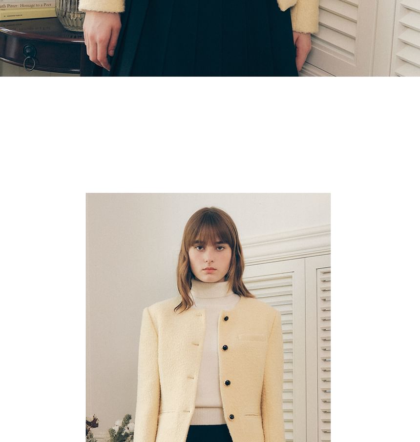 Round-Neck Woolen Button Jacket (Yellow)