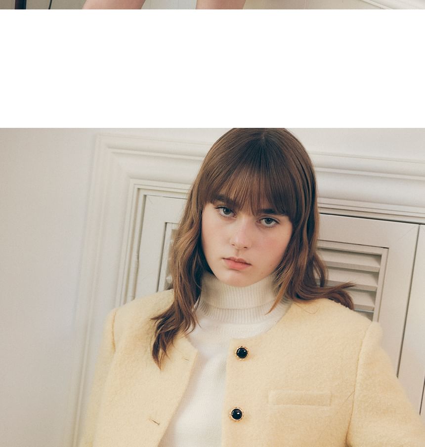 Round-Neck Woolen Button Jacket (Yellow)