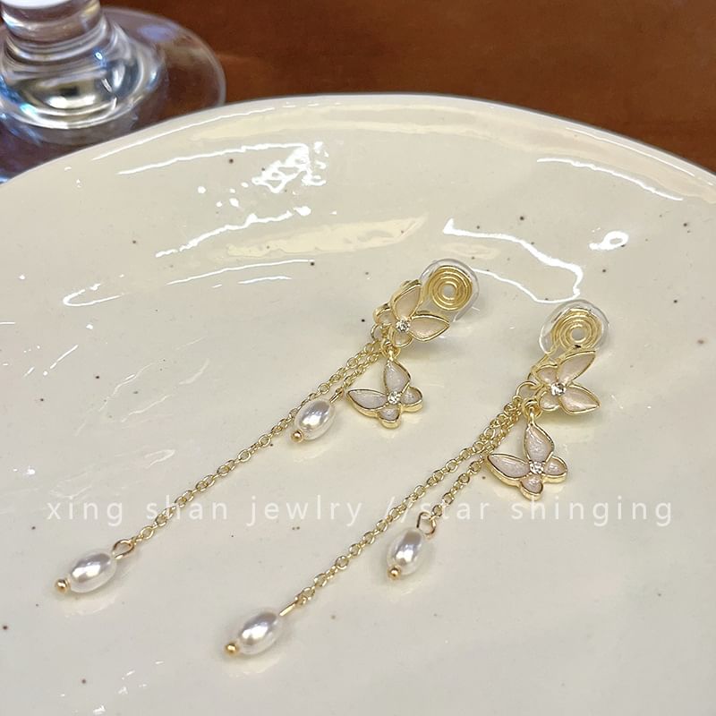 Clip Drop Pearl On Butterfly Earring Faux /