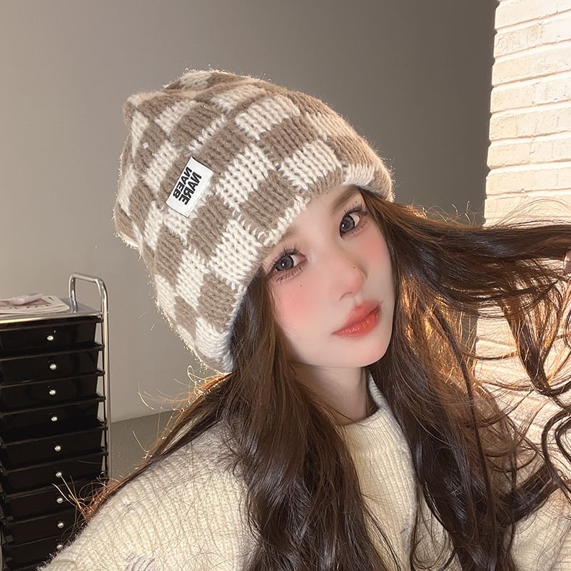 Knit Lettering Applique Beanie Checker