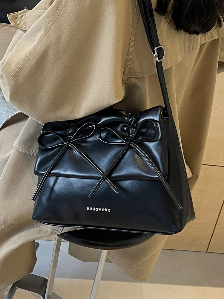 Leather Faux Ribbon Flap Crossbody Bag